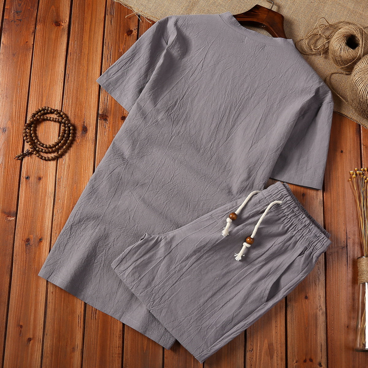 Cotton And Linen Two-piece Buckle Suit Casual V-neck Two-piece Set