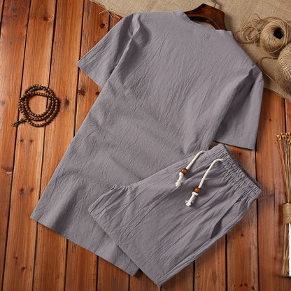 Cotton And Linen Two-piece Buckle Suit Casual V-neck Two-piece Set