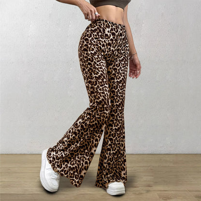 Casual Sexy Knitted Stretch Elastic Leopard Print Flared Pants