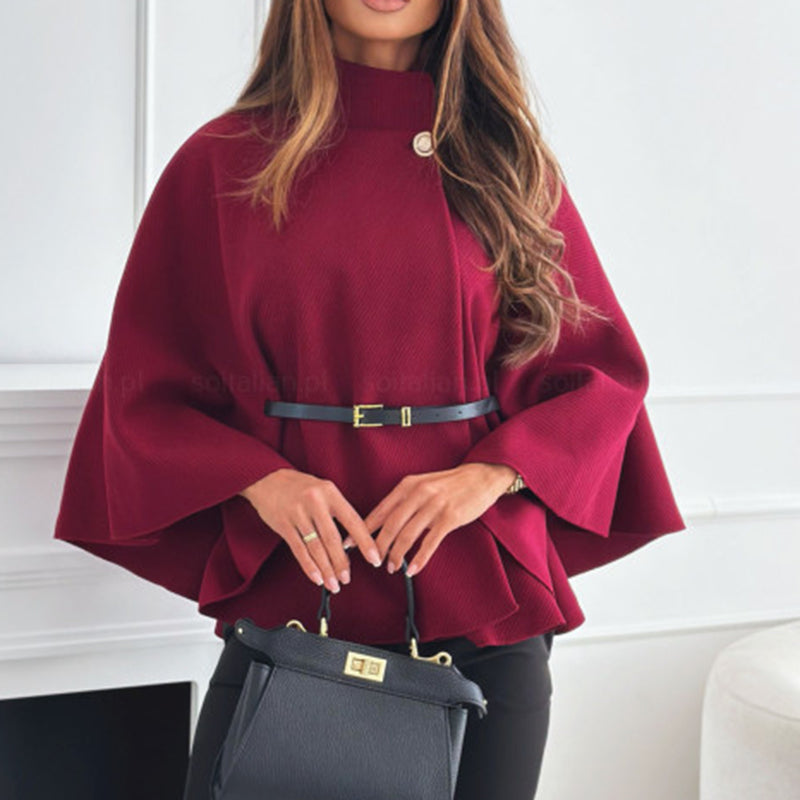 Women's Batwing Sleeve Cape Coat - Trendy Belted Stand Collar Cloak For Casual Outfits