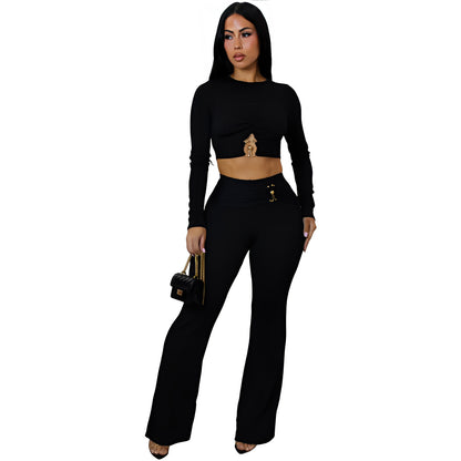 Women's Slim-fit Sexy Hollow-out Top And Flared Pants Two-piece Set