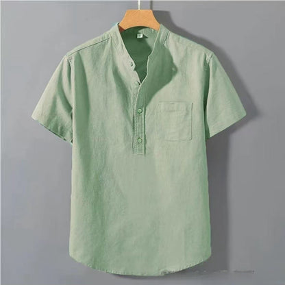 Casual Stand Kragen Kurzarm Einfarbig Slub Leinen Shirt Top