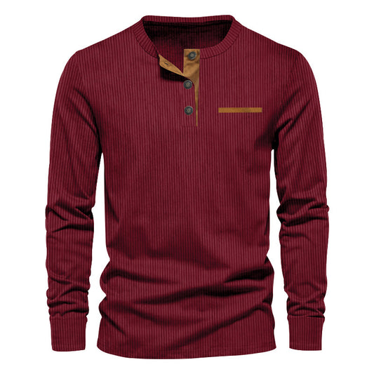 Men's Independent Stand Corduroy Casual Henley Slim Solid Color Long Sleeve T-shirt
