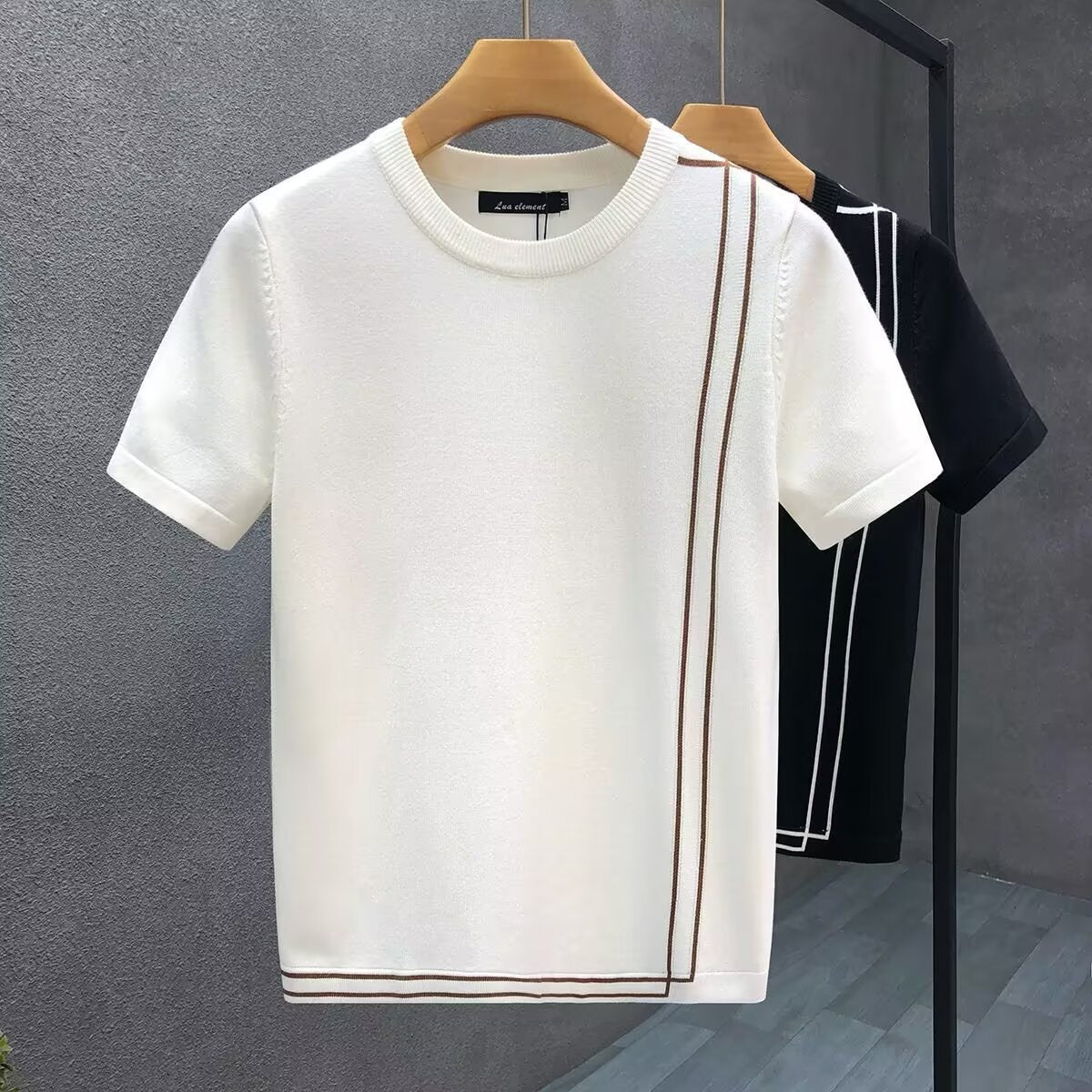 Striped Knitted Ice Silk Short Sleeve Men's Youth Slim Fit Summer High-end Retro T-shirt
