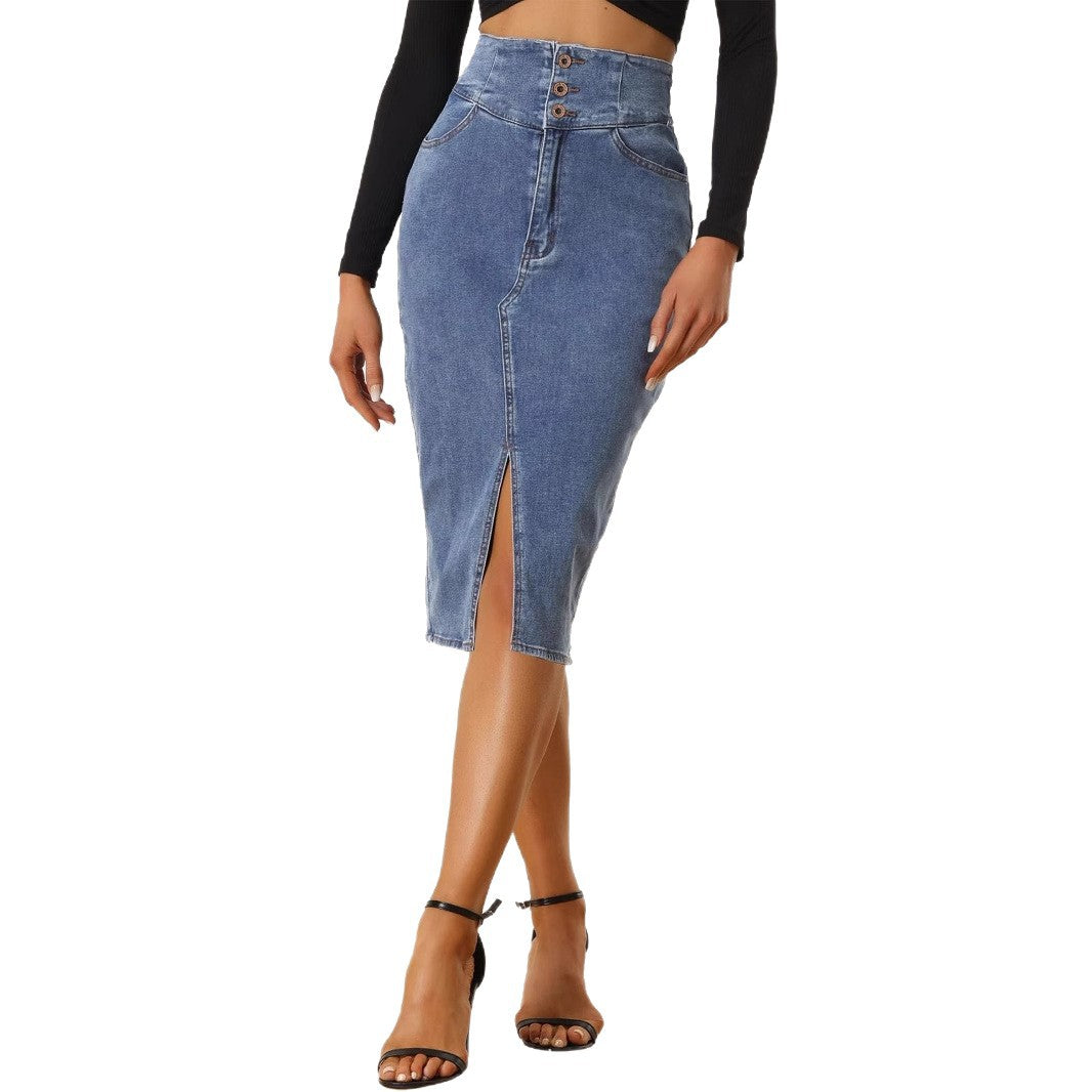 Eleganter Damen High-Waist Denim Rock – Figurbetonter Jeansrock in Navy Blue – Stilvoller Bleistiftrock mit Schlitz & Reißverschluss-Detail