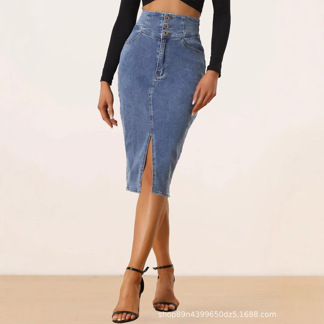 Eleganter Damen High-Waist Denim Rock – Figurbetonter Jeansrock in Navy Blue – Stilvoller Bleistiftrock mit Schlitz & Reißverschluss-Detail