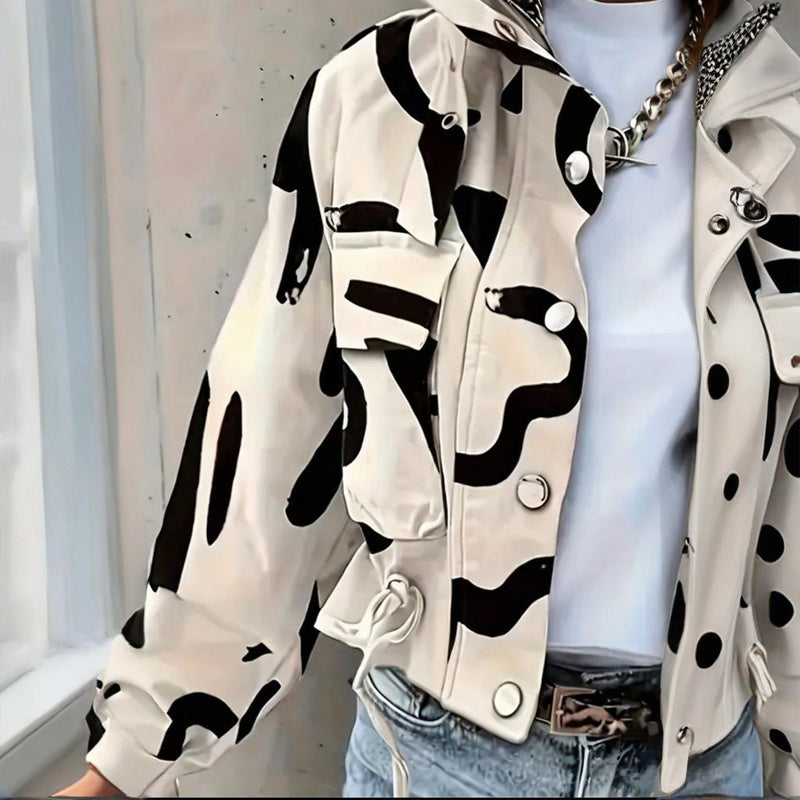 Women's Stand Collar Long Sleeve Jacket With Button & Zipper Closure - Two Large Pockets & Drawstring Hem Casual Short Jacket For Spring&Fall