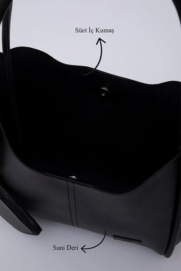 Black SHK108 Faux Leather Women Hand And Shoulder Bag With Wallet And Makeup Bag