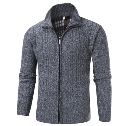 Fashionable Men's Stand-up Collar Fleece-lined Knit Sweater