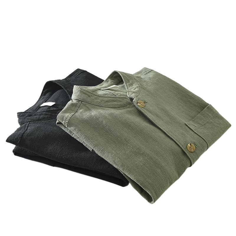 Herren Retro-Leinenhemd mit Stehkragen – Lässiges Langarmshirt aus Leinen-Mix – Atmungsaktives Freizeit-Hemd im Vintage-Look für Männer