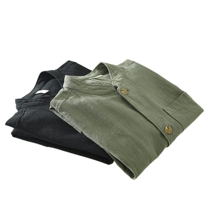 Herren Retro-Leinenhemd mit Stehkragen – Lässiges Langarmshirt aus Leinen-Mix – Atmungsaktives Freizeit-Hemd im Vintage-Look für Männer