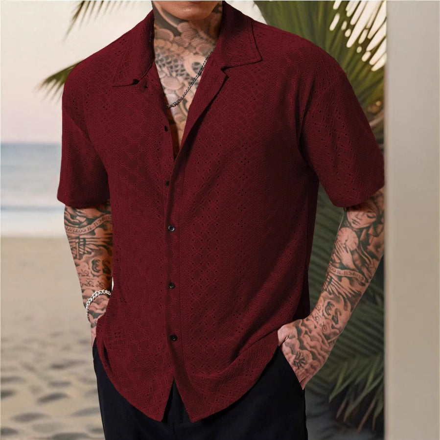 Herren Premium Jacquard Kurzarm-Hemd – Luftiges Hollow-Out Design | Smart Casual & Bügelfrei