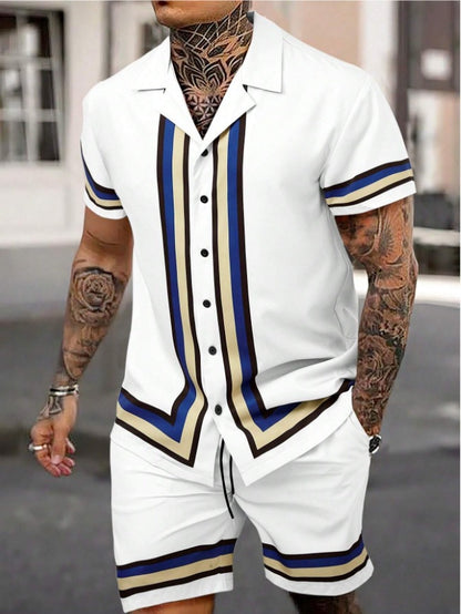 Fashion Men's Cuban Collar Shirt Two-piece Set