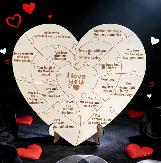 3D Holzherz-Puzzle mit Liebeszitaten (22x20cm) – Romantisches "I Love You" Geschenk