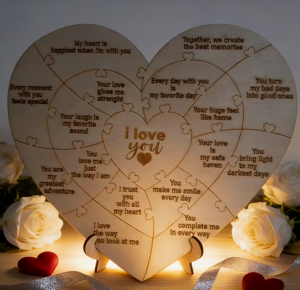 3D Holzherz-Puzzle mit Liebeszitaten (22x20cm) – Romantisches "I Love You" Geschenk
