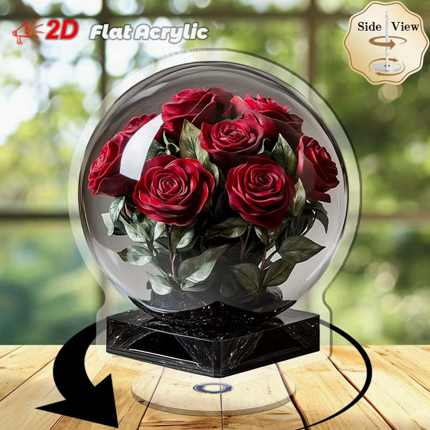 Elegante 2D Acryl-Tischdeko "Rote Rose" – Realistischer Kristallkugel-Effekt – 360° Rotierend