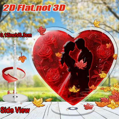 2D Flach-Acryl Ornament "Paar im Rosenherz" – Edle Tischdeko für Hochzeit & Verlobung – Hochwertiger Farbdruck