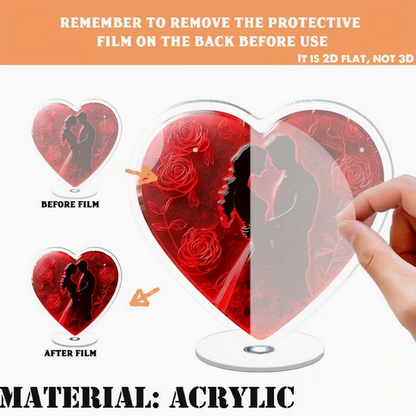 2D Flach-Acryl Ornament "Paar im Rosenherz" – Edle Tischdeko für Hochzeit & Verlobung – Hochwertiger Farbdruck