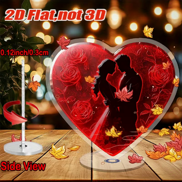 2D Flach-Acryl Ornament "Paar im Rosenherz" – Edle Tischdeko für Hochzeit & Verlobung – Hochwertiger Farbdruck