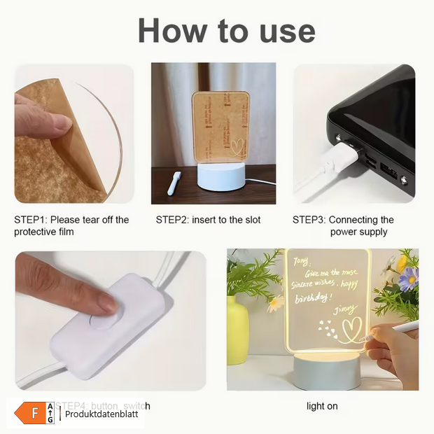 Kreatives LED-Nachtlicht mit Nachrichtenbrett – Beschreibbare 3D-Lampe inkl. Stift – Perfektes Geschenk für Partner & Kinder