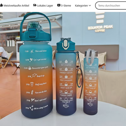 3er-Set Sport-Wasserflaschen mit Strohhalm – Motivierender Zeitmarker & Farbverlauf – Auslauffrei für Fitness & Camping