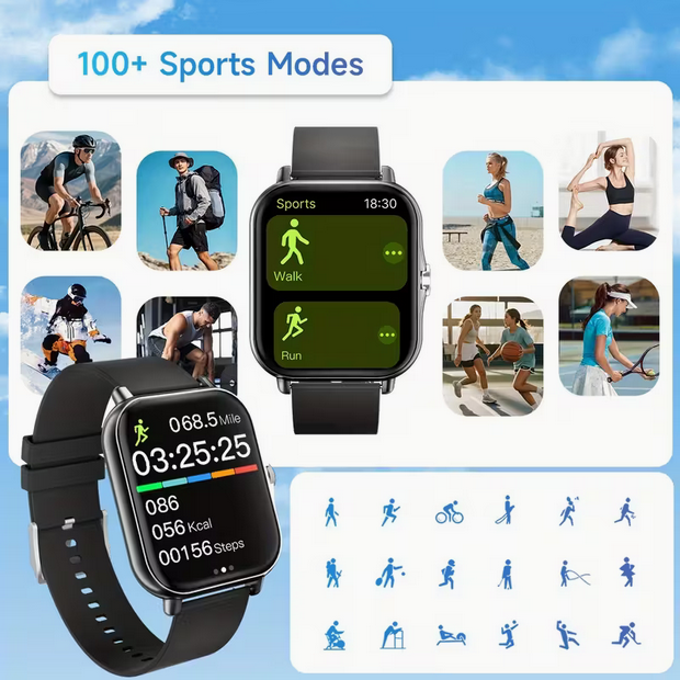 1,83" HD-Smartwatch mit Bluetooth-Telefonie – Fitness-Tracker mit Musikwiedergabe & Wettervorhersage – Unisex Sport-Design