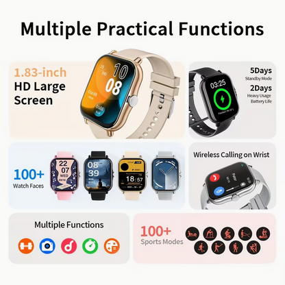 1,83" HD-Smartwatch mit Bluetooth-Telefonie – Fitness-Tracker mit Musikwiedergabe & Wettervorhersage – Unisex Sport-Design