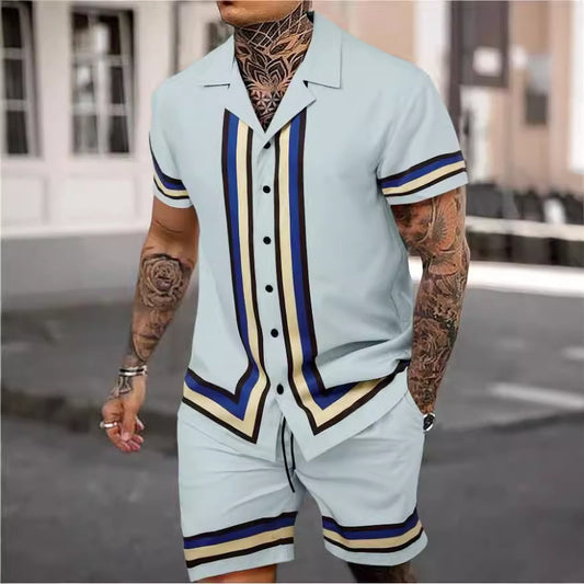 Fashion Men's Cuban Collar Shirt Two-piece Set