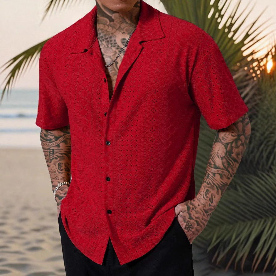 Herren Premium Jacquard Kurzarm-Hemd – Luftiges Hollow-Out Design | Smart Casual & Bügelfrei