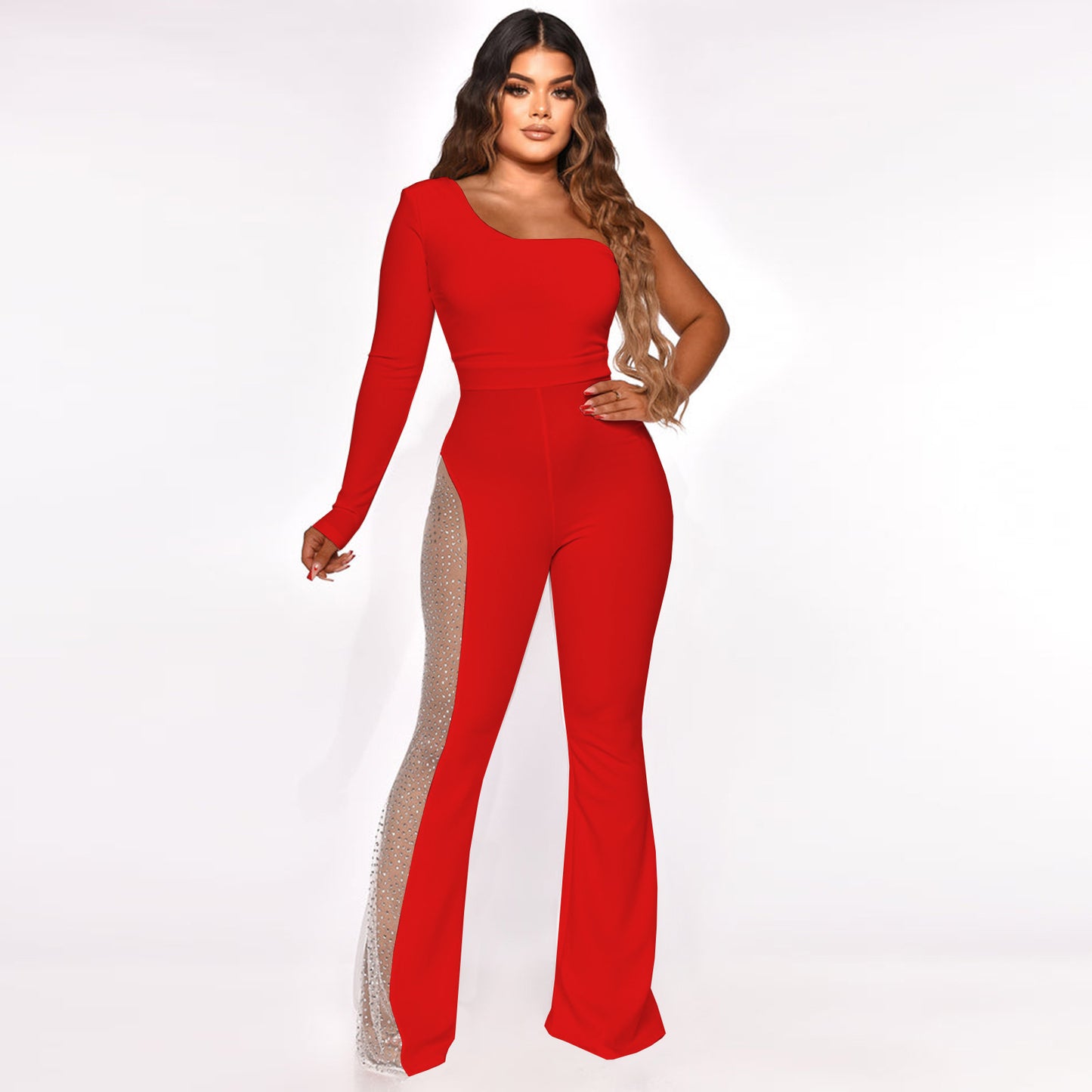 Eleganter Damen-Jumpsuit mit Mesh-Einsätzen & Hot-Drilling-Veredelung – Figurbetonter Micro-Pull Schnitt – Luxuriöser Abend-Look