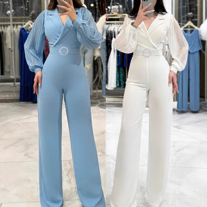 Eleganter Damen Jumpsuit mit Blazer-Kragen – Plissierte Langarm-Details – Figurbetonter Einteiler für Business & Event