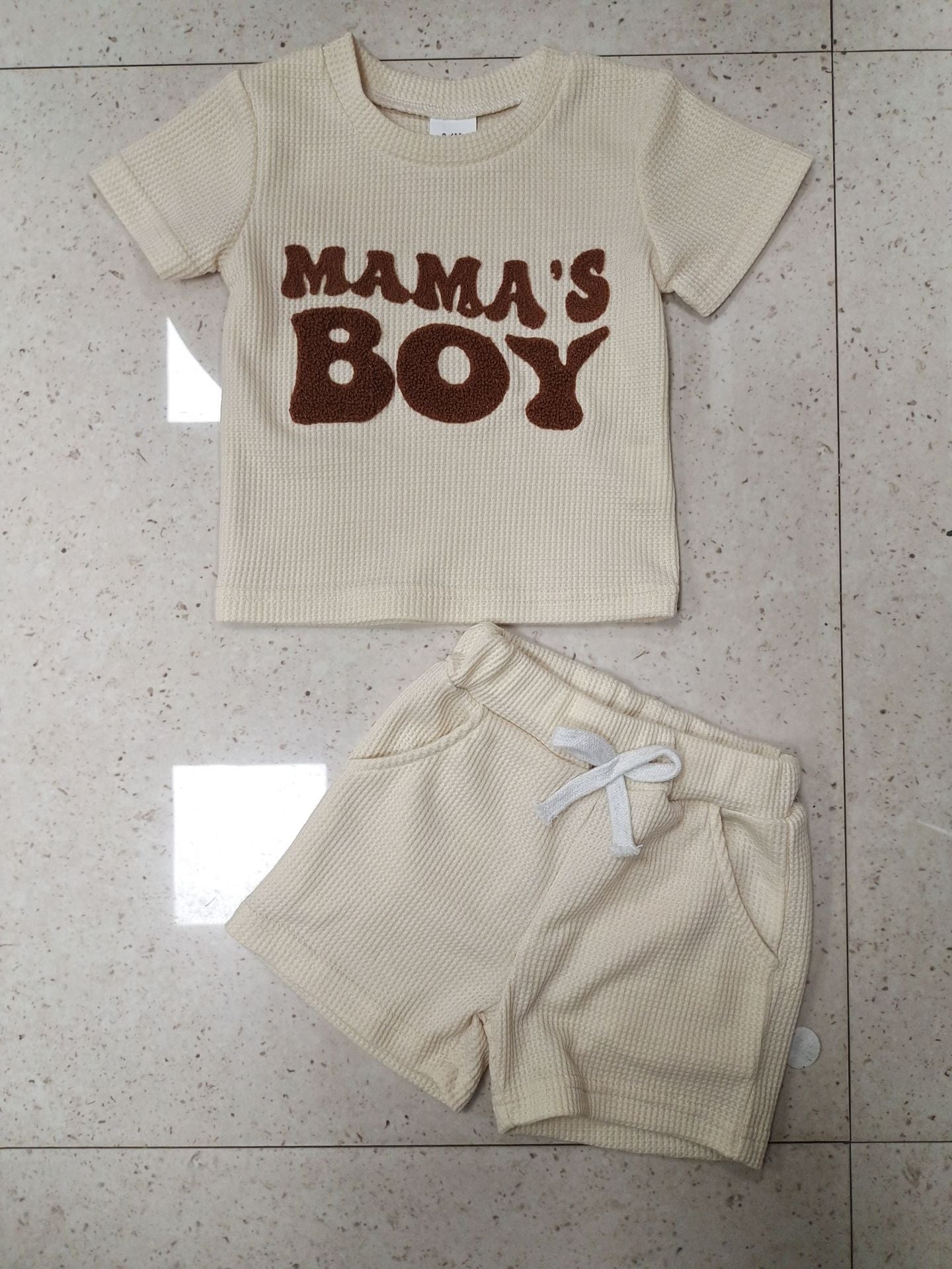 Waffle Towel Embroidery Short Sleeve Shorts Suit - Joker