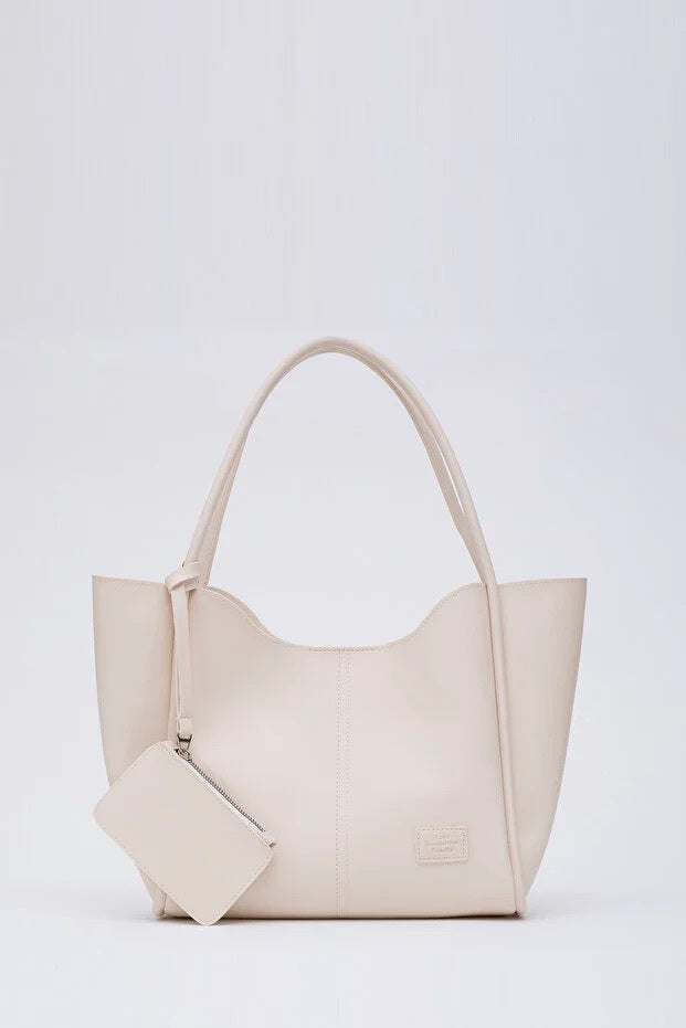 Cream SHK108 Faux Leather Women Hand And Shoulder Bag With Wallet And Makeup Bag