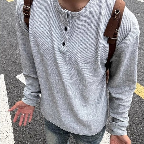 Black American Henry Collar Long-sleeved Men's Top