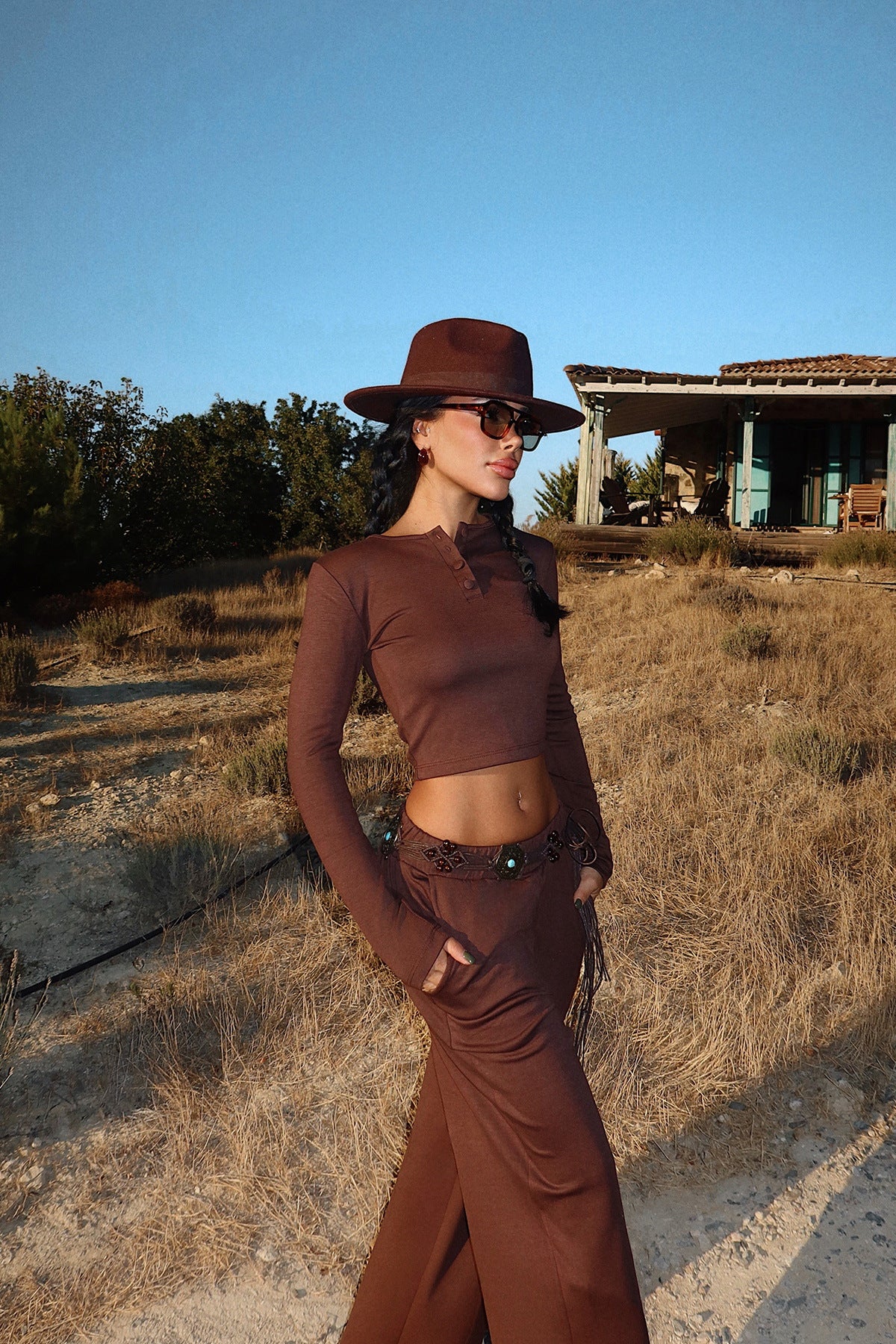 Women's Solid-color Casual Crew-neck Button-up Long-sleeve Top And Trousers