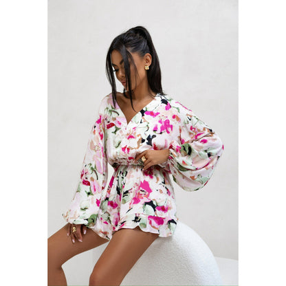 Bedruckter Damen Jumpsuit mit V-Ausschnitt und Langarm – Weites Bein & Trend-Prints – Streetstyle-Einteiler