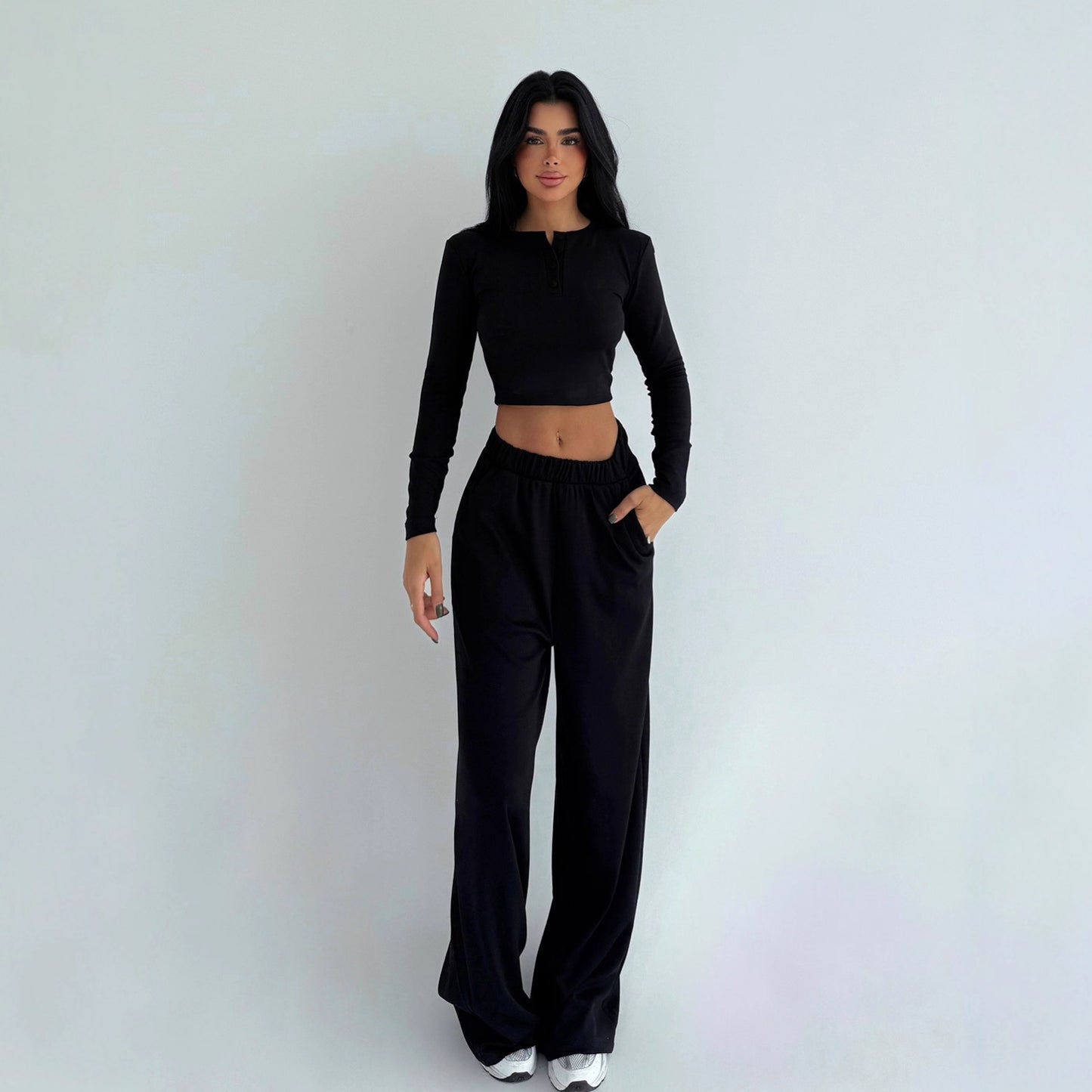 Women's Solid-color Casual Crew-neck Button-up Long-sleeve Top And Trousers