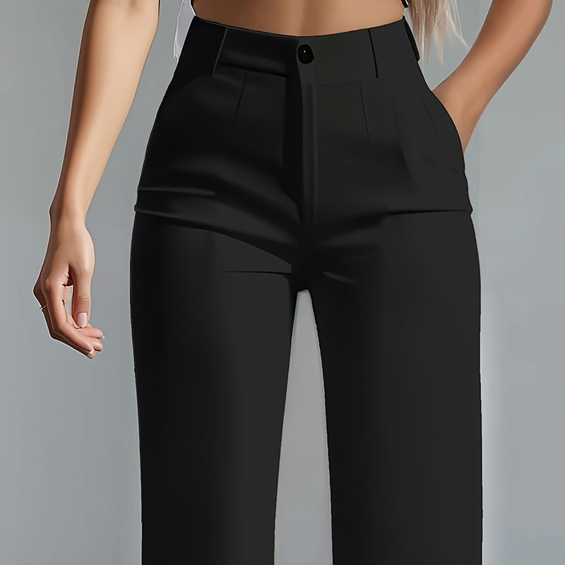 Women's Solid Color High-Waisted Wide Leg Pants, Relaxed Fit Straight Leg Trousers With Zip-Fly For Daily Wear