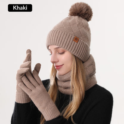 Ladies' Knitted Outdoor Warm Knitted Hat Scarf And Gloves Three-Piece Set