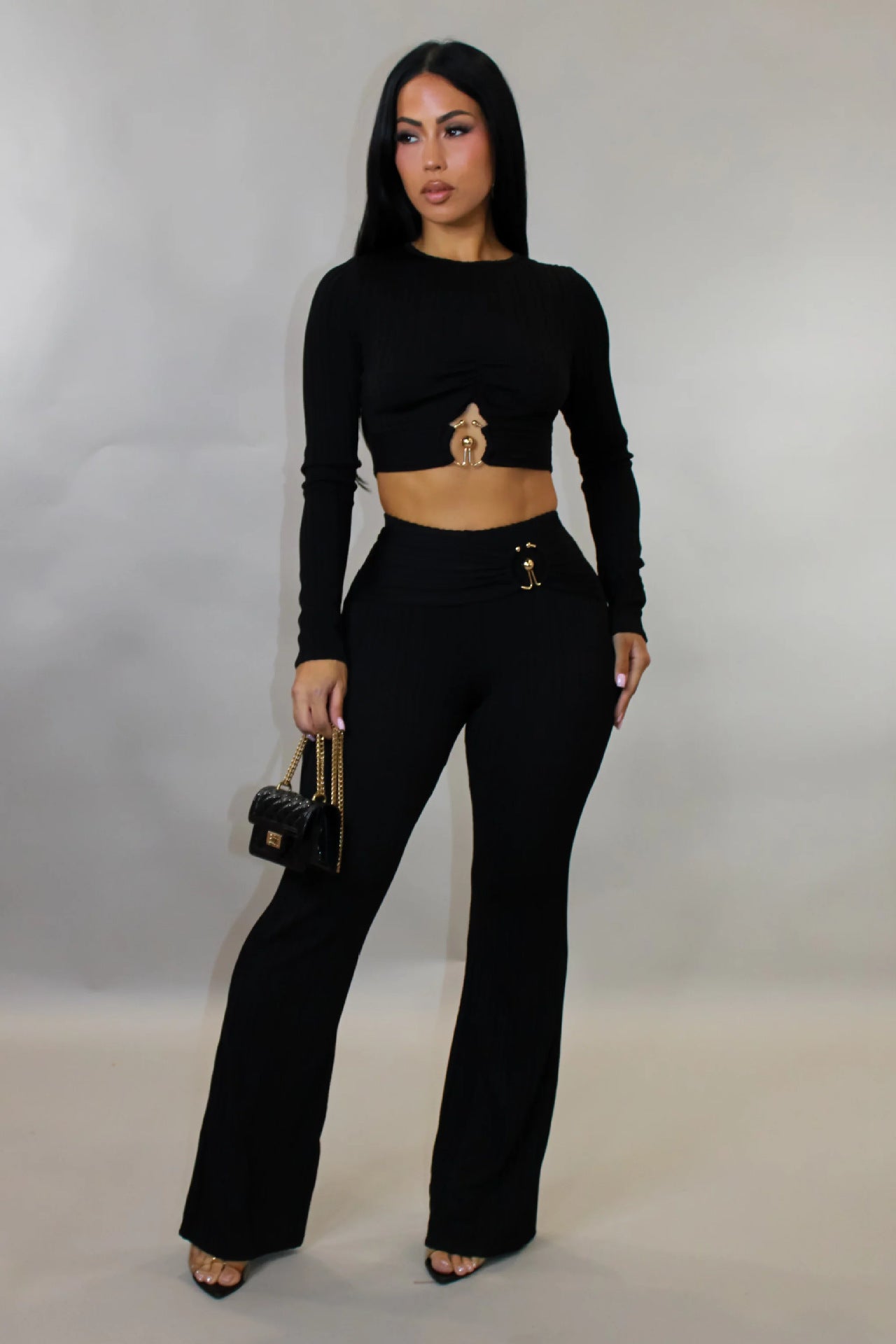 Women's Slim-fit Sexy Hollow-out Top And Flared Pants Two-piece Set