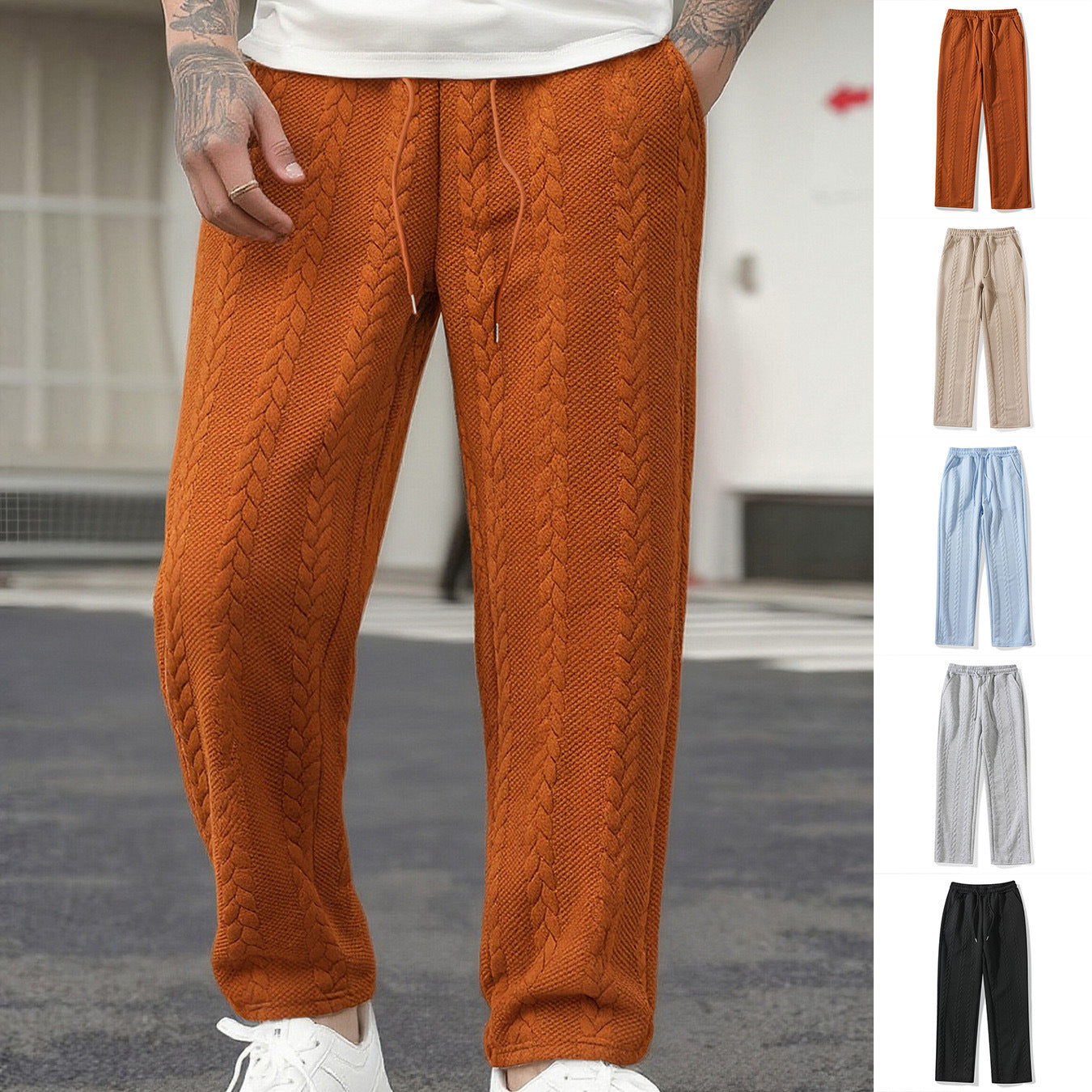 Men's Casual Loose Solid-Color Drawstring Straight-Leg Pants