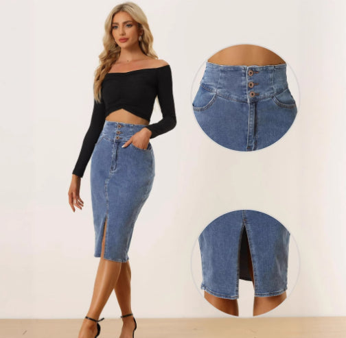 Eleganter Damen High-Waist Denim Rock – Figurbetonter Jeansrock in Navy Blue – Stilvoller Bleistiftrock mit Schlitz & Reißverschluss-Detail