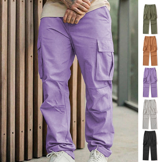 Solid-color Men's Sporty-casual Work Trousers With A Multi-pocket Design