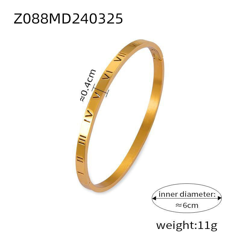Retro Minority Unique Simple Jewelry Carved Roman Digital Design Diamond-embedded Titanium Steel Gold-plated Bracelet