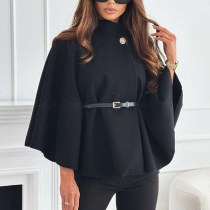 Women's Batwing Sleeve Cape Coat - Trendy Belted Stand Collar Cloak For Casual Outfits