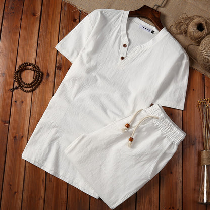Cotton And Linen Two-piece Buckle Suit Casual V-neck Two-piece Set
