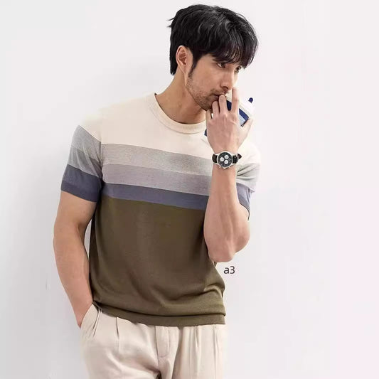 Summer New Light Mature Short Sleeve Knitted Sweater Men Gradient Color Block Stripe
