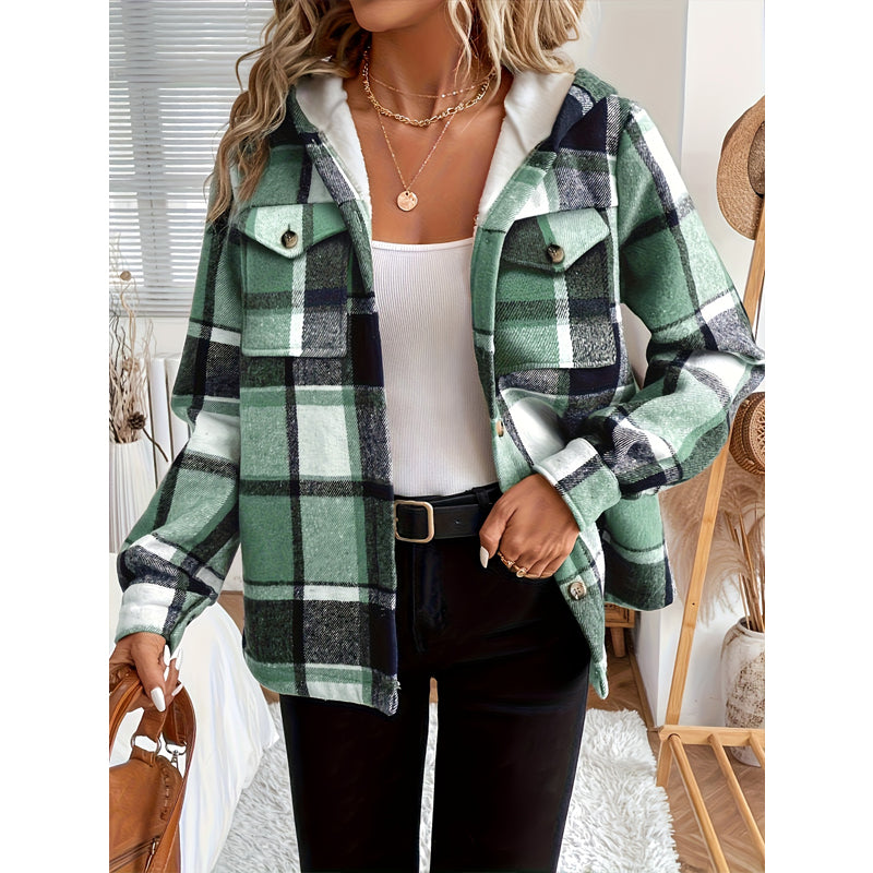 Women's Plaid Fleece Lined Hooded Jacket Button Front Long Sleeve Coat With Pocket For Autumn & Winter