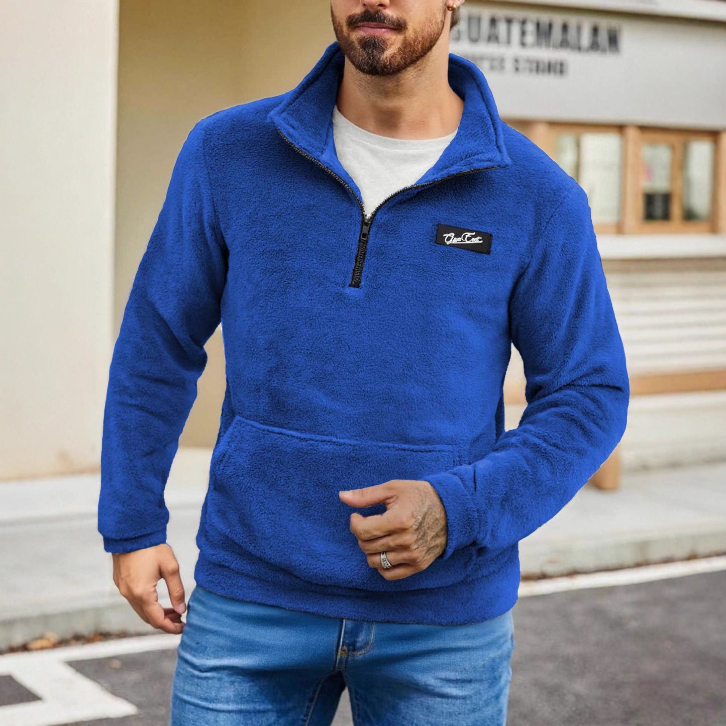 Stand Collar Loose Long Sleeve Sweatshirt Autumn Winter Casual Half Zip