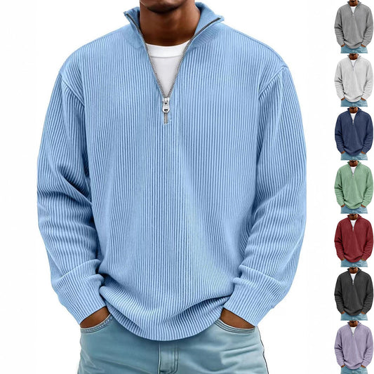 Corduroy Zipper Stand Collar Sweatshirt Fashion Warm Solid Color Long Sleeve Top Men's Casual Polo Shirt Clothing - Joker